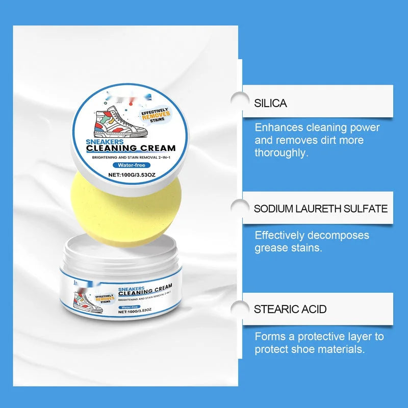 Sneakers cleaning cream 100g showing key ingredients including silica, sodium laureth sulfate, and stearic acid for stain removal