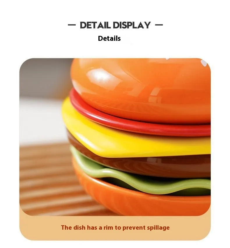 Stack of colorful burger bowl set with a rim on a wooden surface