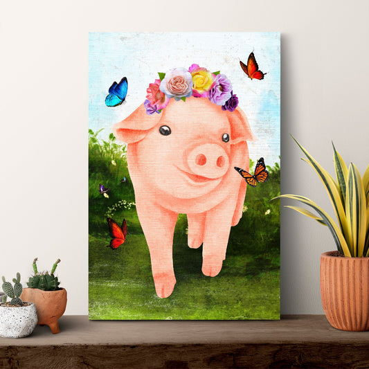Pig with a Flower Crown canvas shown at an angle to reveal the wrapped edge, view 2