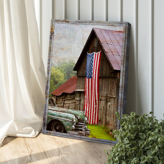 Rustic Barn with American Flag canvas shown in a styled room setting, view 2