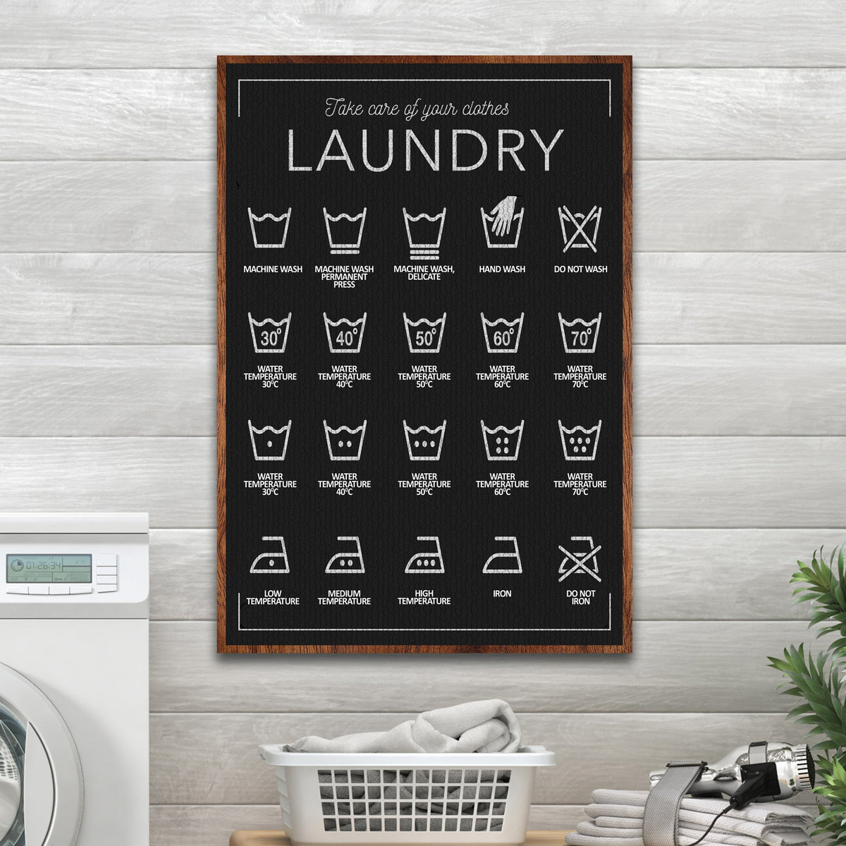 Laundry Care Symbols Guide canvas in Style 2, black with white symbols, on a gray plank wall above a basket