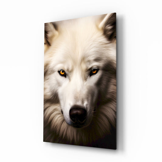 White Wolf's Gaze Glass Wall Art Portrait Print