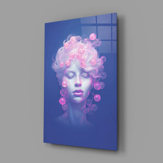 Pink bubble muse glass wall art on a gray wall with a window reflection across the glossy glass