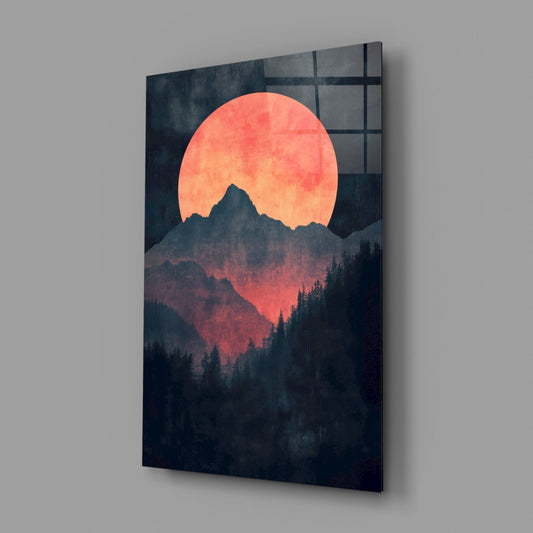 Red moon over mountains glass wall art on a gray wall, light catching the glossy front