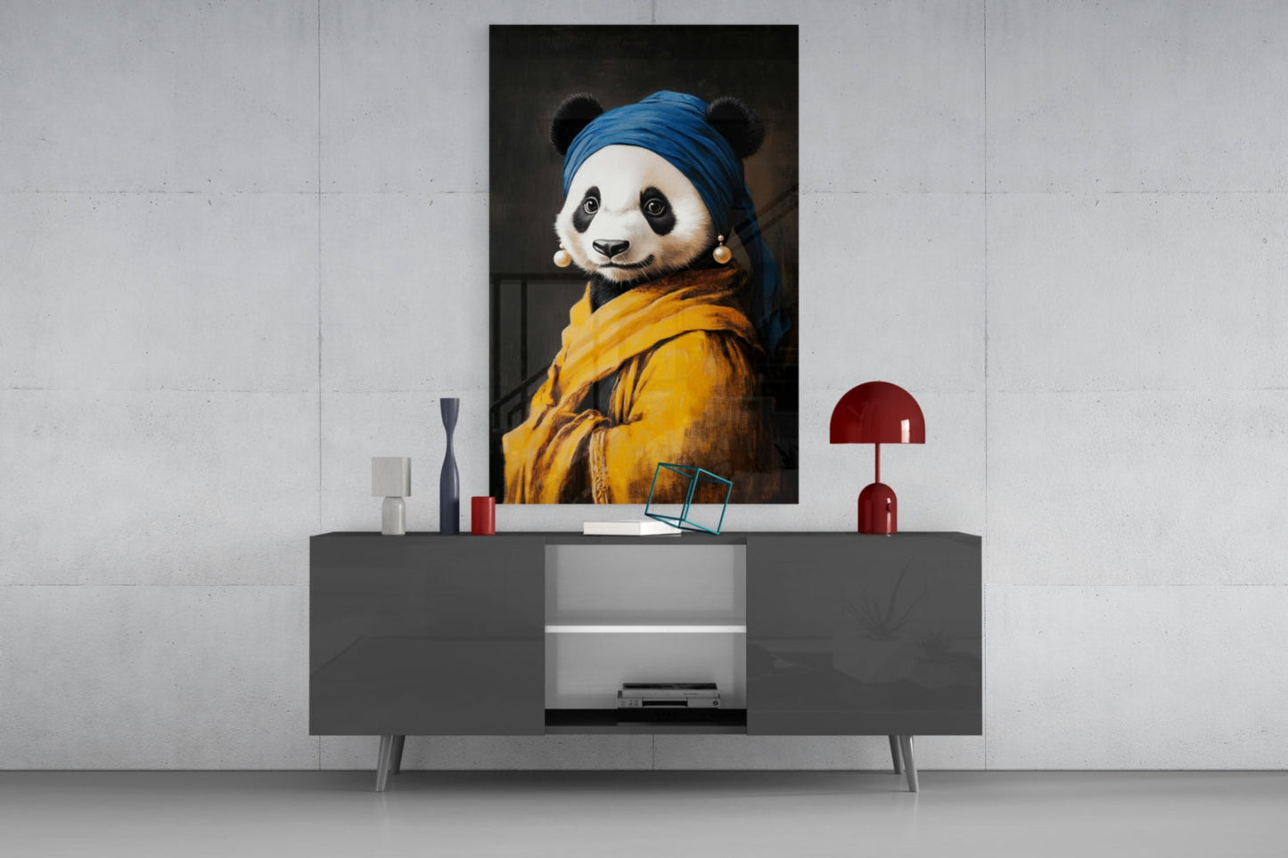 Panda with a Pearl Earring Glass Wall Art