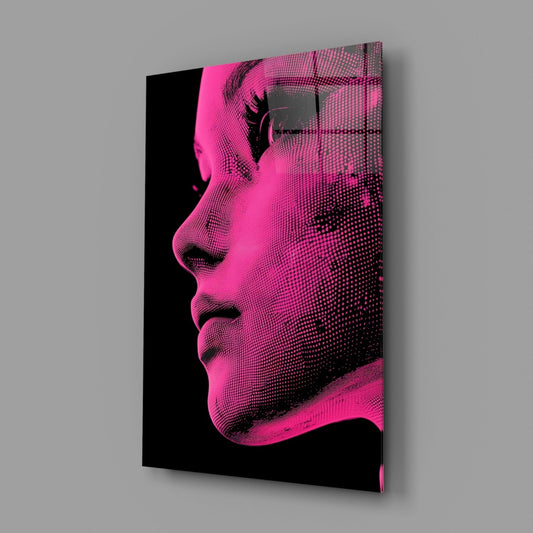 Pink halftone profile glass wall art on a gray wall, light reflecting off the glossy front