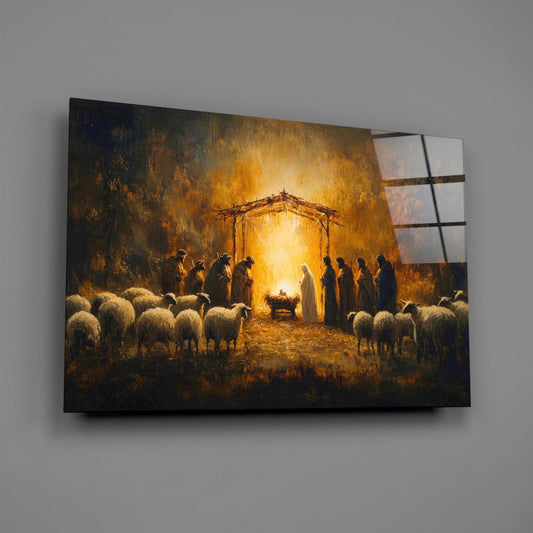 Nativity stable scene glass wall art on a gray wall, light reflecting off the glossy front