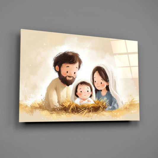 Storybook Holy Family glass wall art on a gray wall, light reflecting off the glossy front