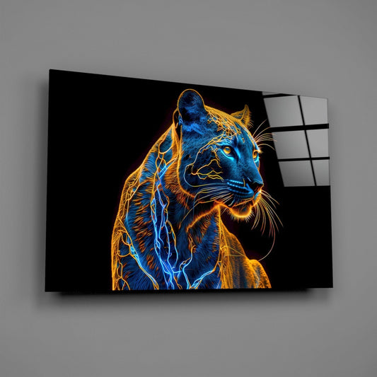 Neon line jaguar glass wall art angled on a plain gray wall