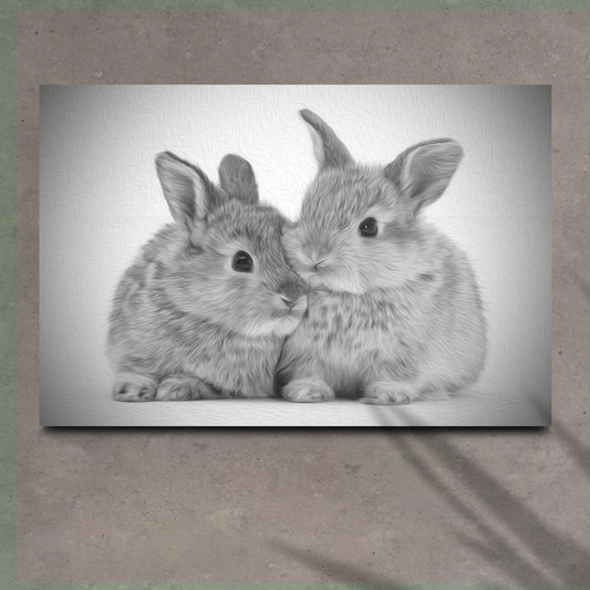 Two Bunnies Snuggling canvas hanging on a plain wall, front view