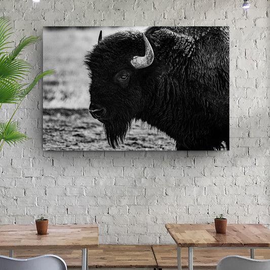 Black and White Bison Profile canvas shown in a styled room setting, view 2