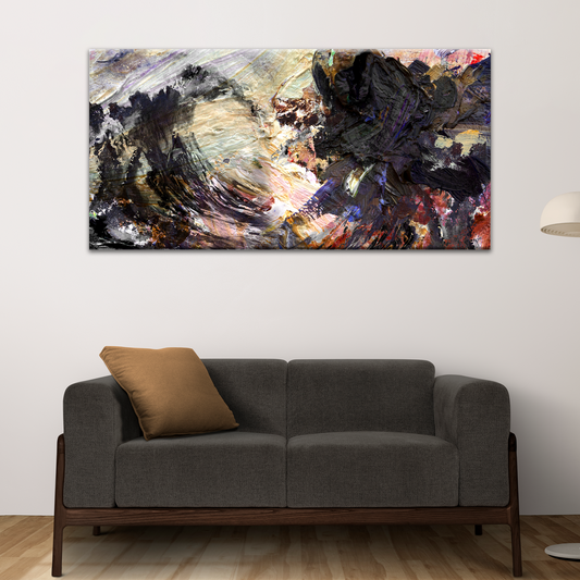 Dark Violet and Cream Abstract Wave canvas shown in a styled room setting, view 2