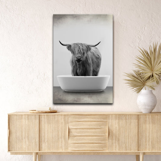 Highland Cow in a Modern Tub canvas shown in a styled room setting, view 2