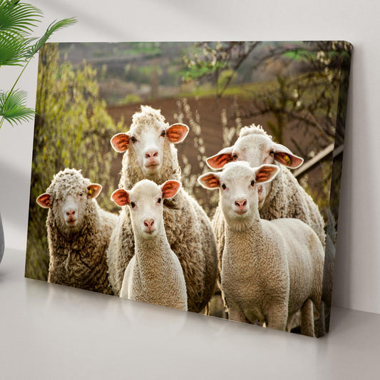 Curious Sheep Flock canvas leaning against a wall, shown at an angle