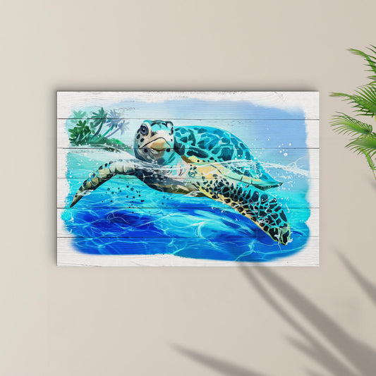 Sea Turtle by Palm Trees canvas shown in a styled room setting, view 2