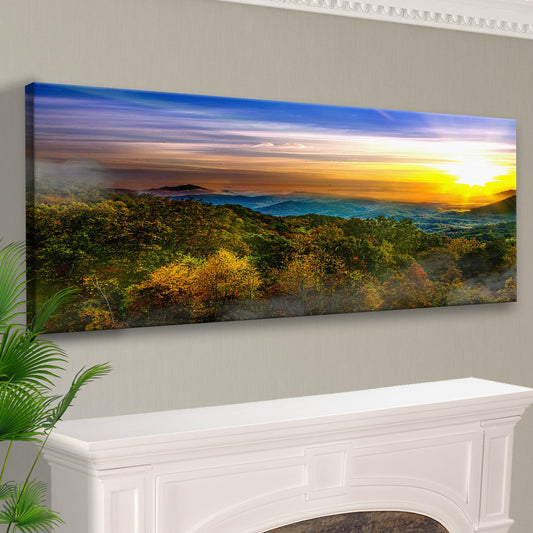 Misty Mountain Valley at Sunrise canvas shown in a styled room setting, view 2