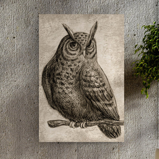 Horned owl on a branch canvas on a gray concrete wall beside a hanging plant