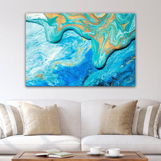 Turquoise and Gold Abstract Sea canvas shown in a styled room setting, view 2