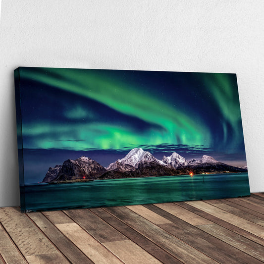 Northern Lights Over Snowy Peaks canvas shown in a styled room setting, view 2