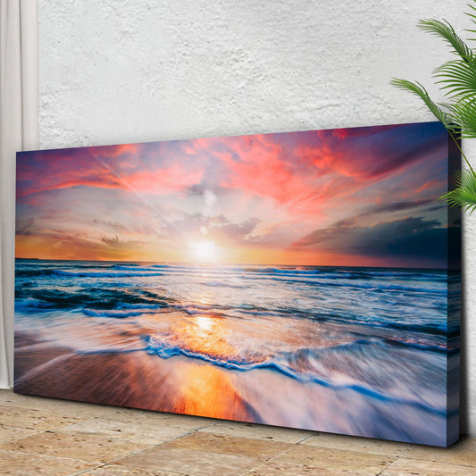 Pink and Orange Ocean Sunrise canvas shown at an angle to reveal the wrapped edge, view 2