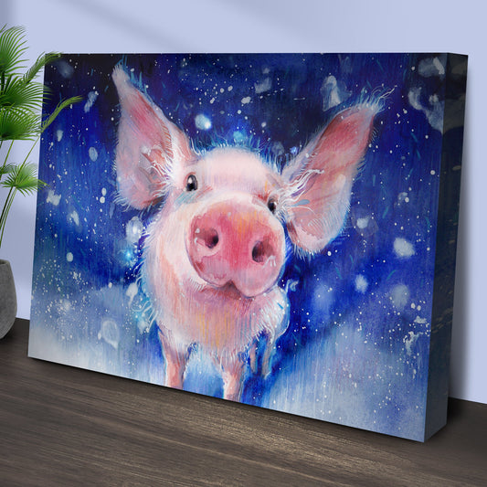 Pink Piglet on Deep Blue canvas leaning against a wall, shown at an angle