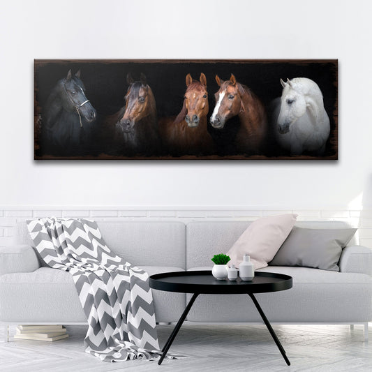 Five Horses on Black canvas shown in a styled room setting, view 2
