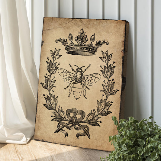 Vintage Queen Bee with Crown canvas shown at an angle to reveal the wrapped edge, view 2