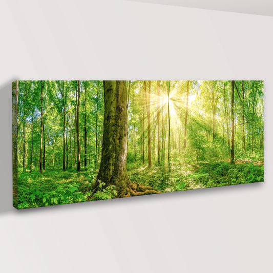 Sunbeams Through a Green Forest canvas leaning against a wall, shown at an angle