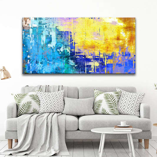 Blue and Yellow Brushstroke Abstract canvas shown in a styled room setting, view 2