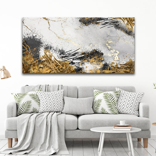 Gray, Black and Gold Marble Abstract canvas shown in a styled room setting, view 2