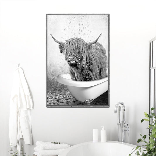 Shaggy Highland Cow in a Bathtub canvas shown in a styled room setting, view 2