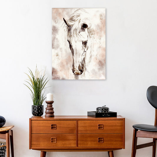White Horse Bowed Head canvas shown in a styled room setting, view 2