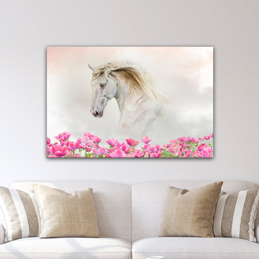 White Horse and Pink Flowers canvas shown in a styled room setting, view 2