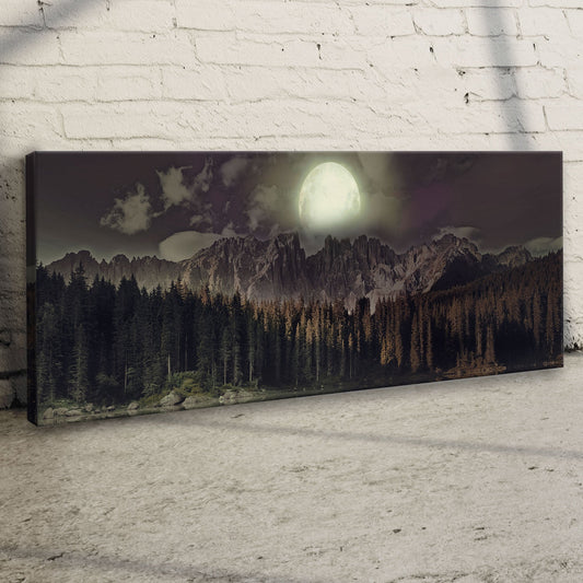 Full Moon Over a Dark Pine Forest canvas leaning against a wall, shown at an angle