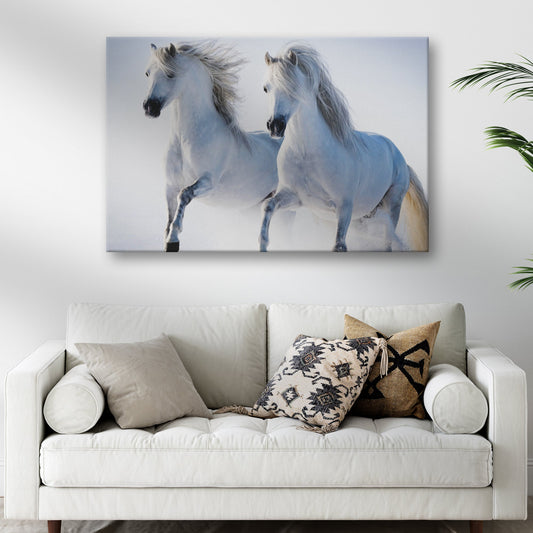 Two White Horses Running canvas shown in a styled room setting, view 2