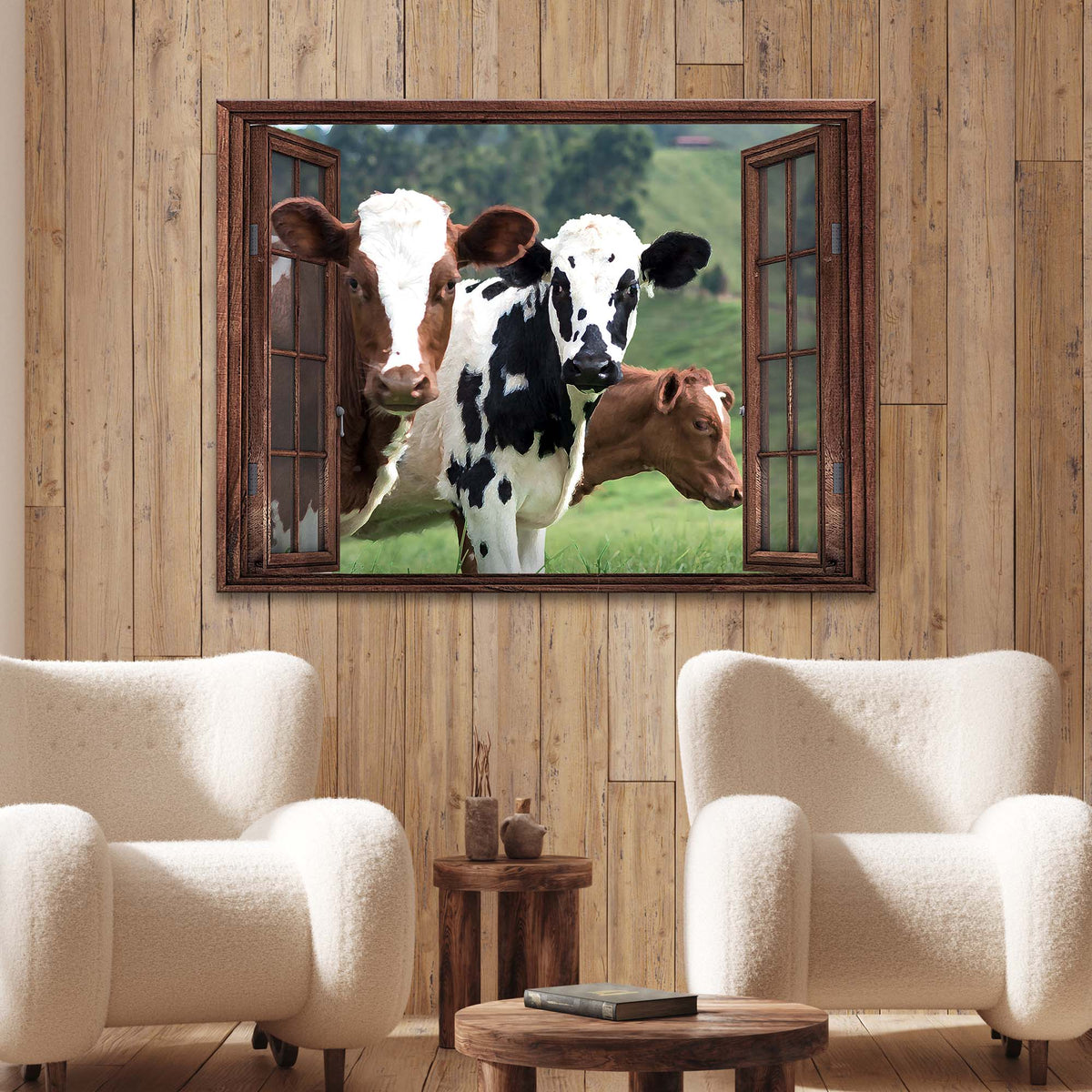 Canvas of two black and white cows seen through an open wooden window, on a wood plank wall above cream armchairs