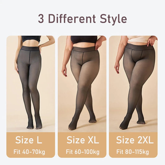 Three different styles of winter tights shown on models with size and weight information.