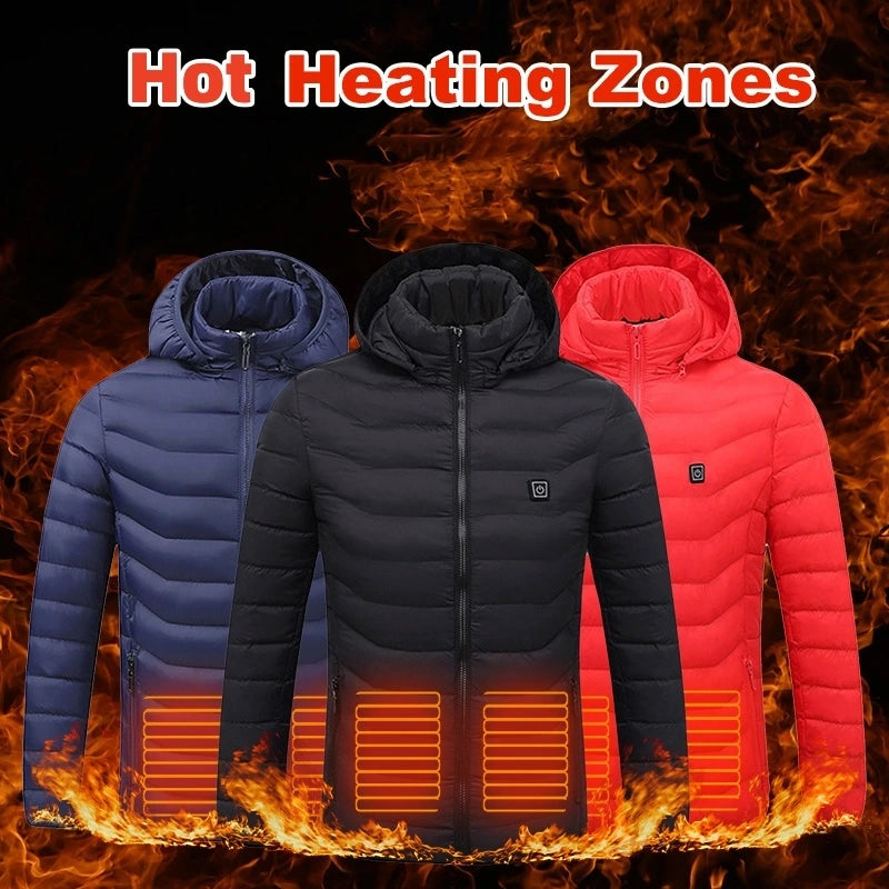 Three heated jackets in blue, black, and red with visible heating zones on a fiery background.