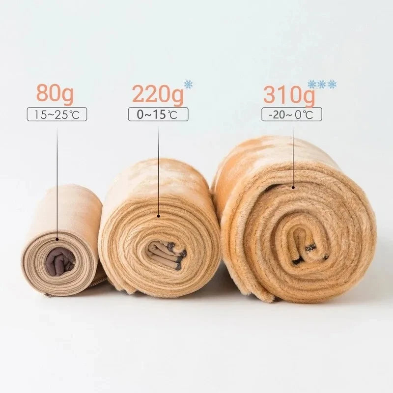 Three rolls of fleece tights with weight and temperature labels on a white background