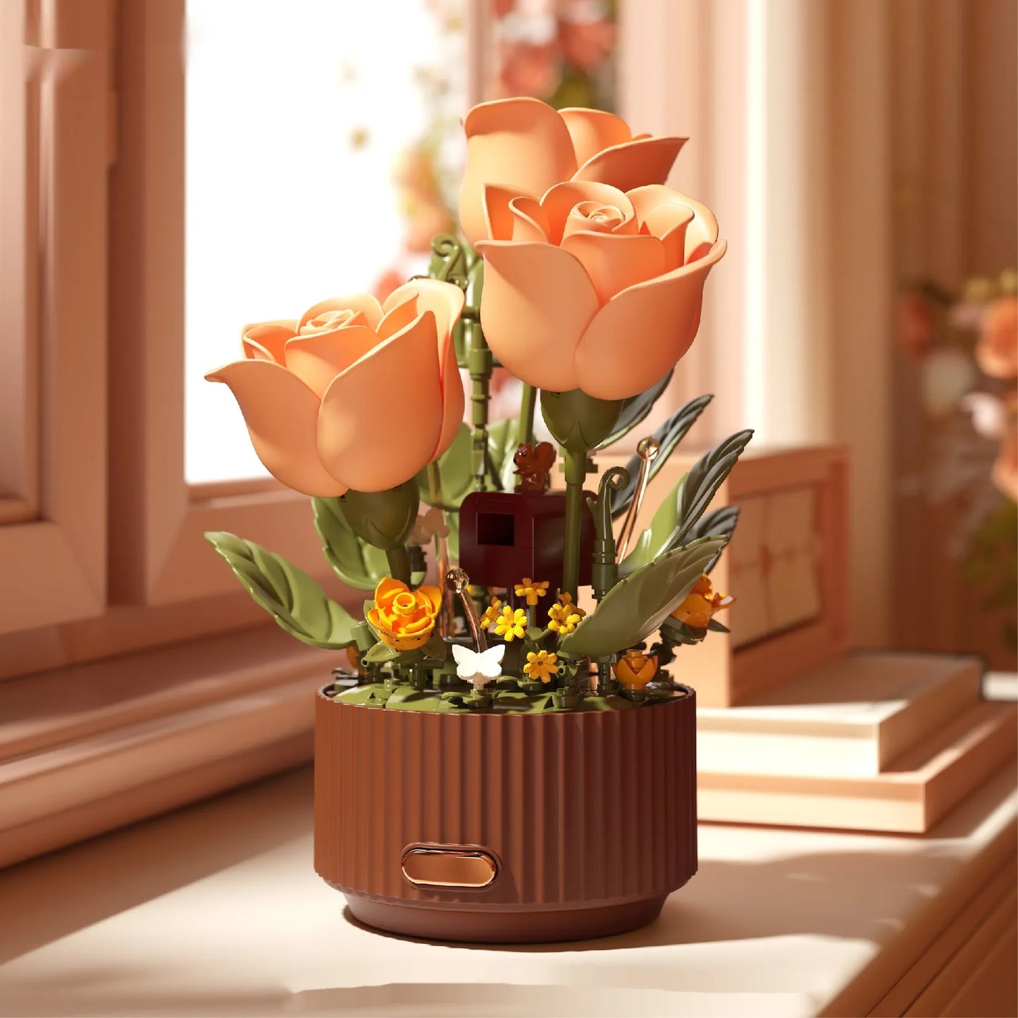 Touch control flower lamp with multiple peach colored rose blooms