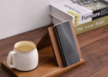 Triangle wooden phone and book stand with coffee mug holder