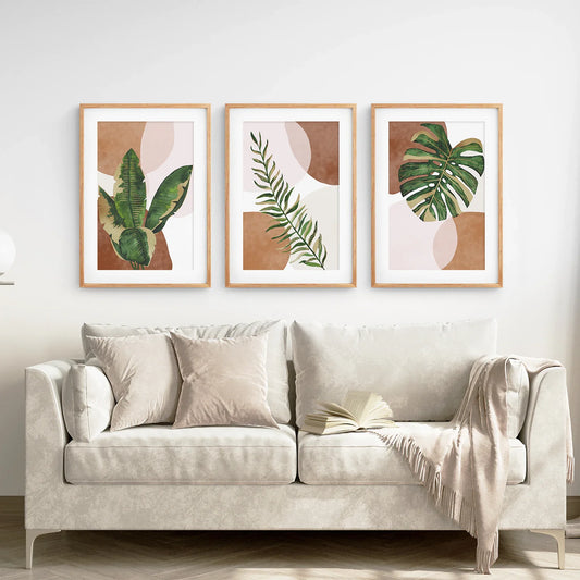 Terracotta Boho Wall Art Set of 3, Green Tropical Leaves