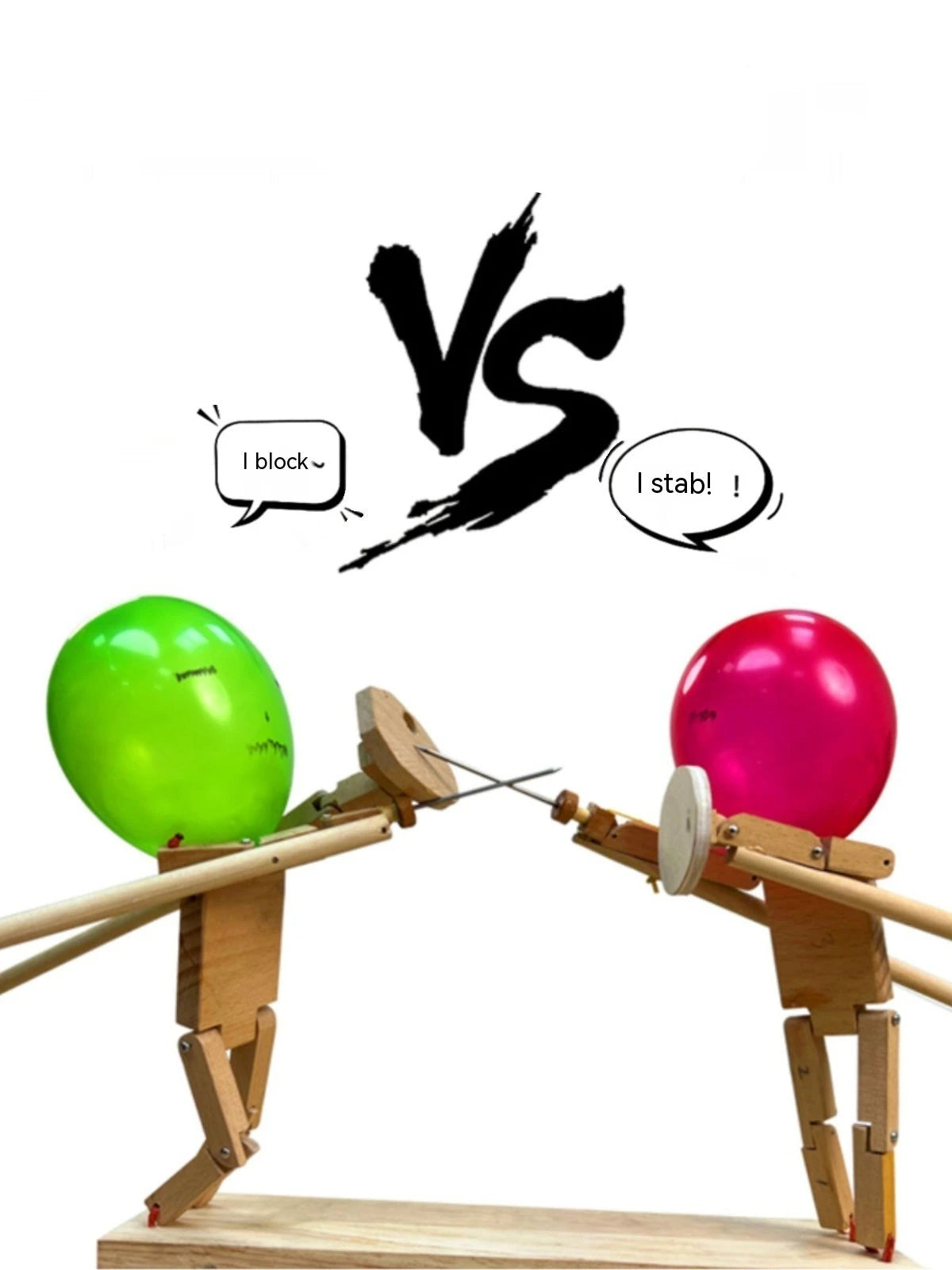 Two wooden figures with colorful balls on their heads, one green and one pink, with 'VS' and speech bubbles indicating a battle.