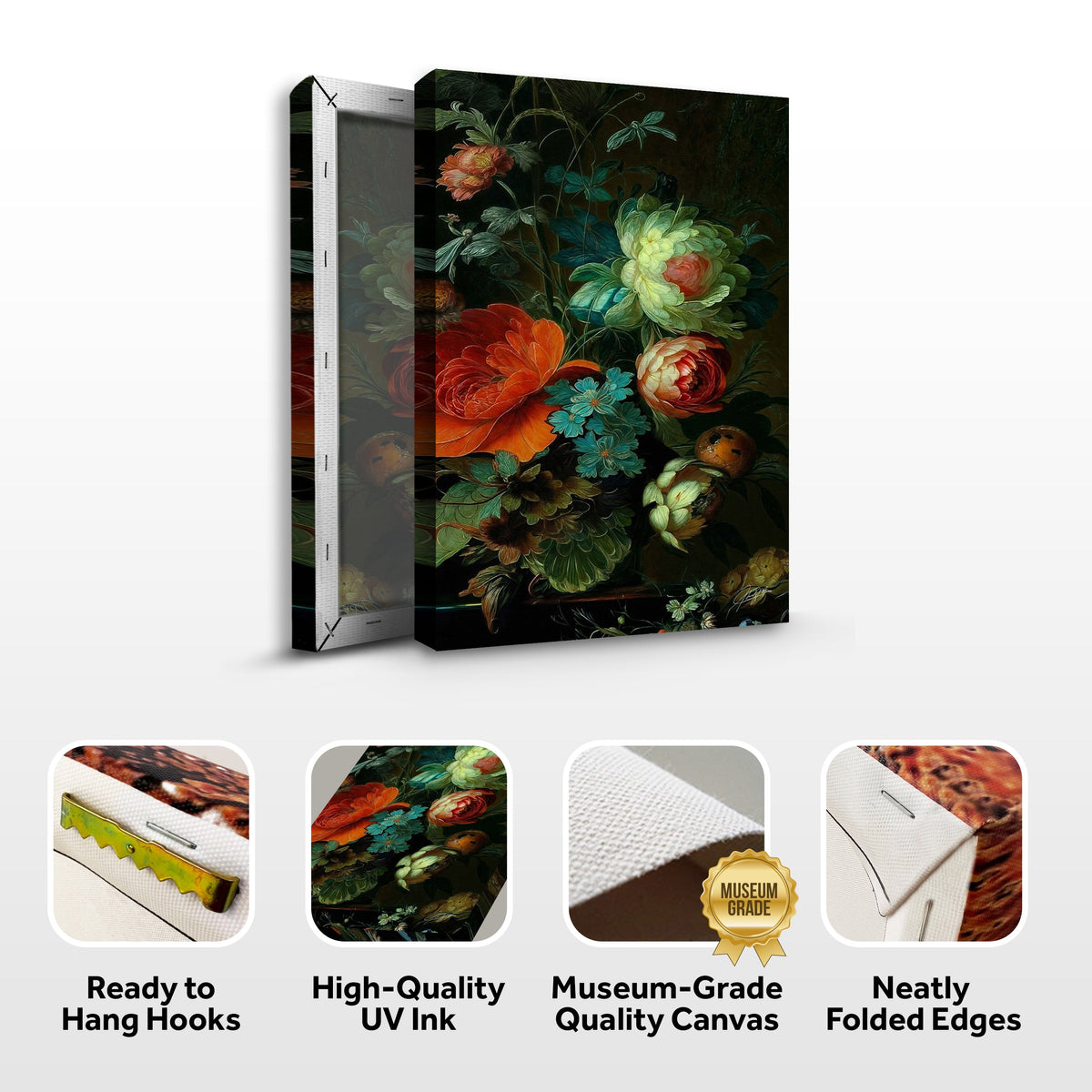Dark floral canvas front and side, with text: Ready to Hang Hooks, High-Quality UV Ink, Museum-Grade Quality Canvas, Neatly Folded Edges