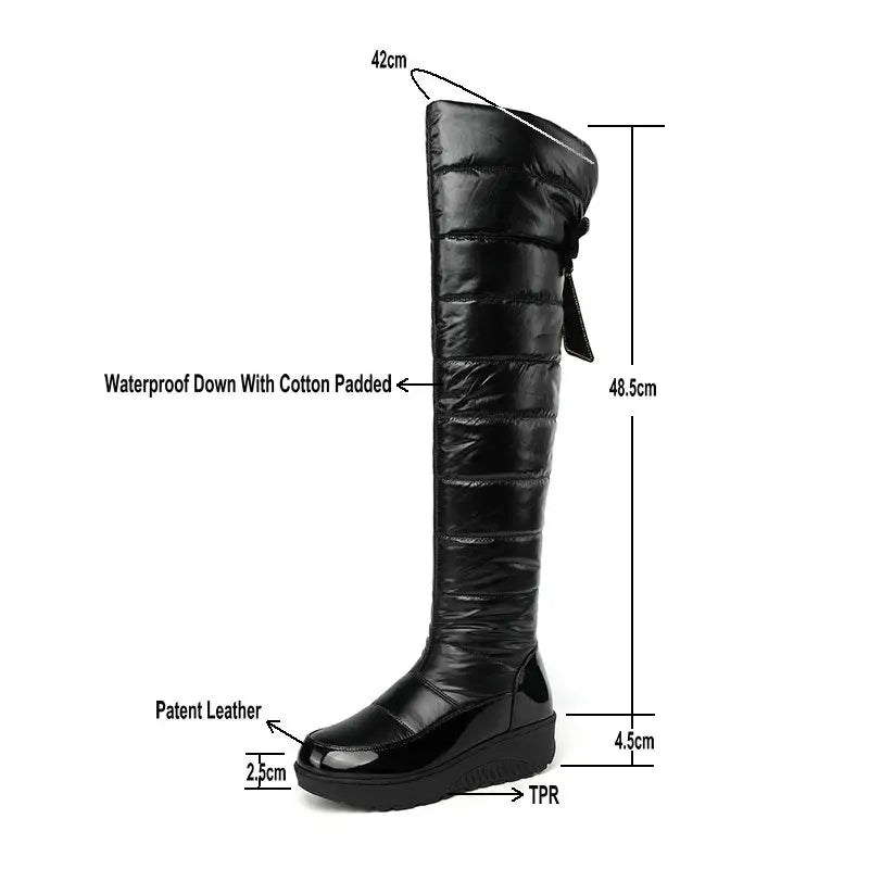 Waterproof winter boots women showing full 53cm shaft height and platform wedge sole