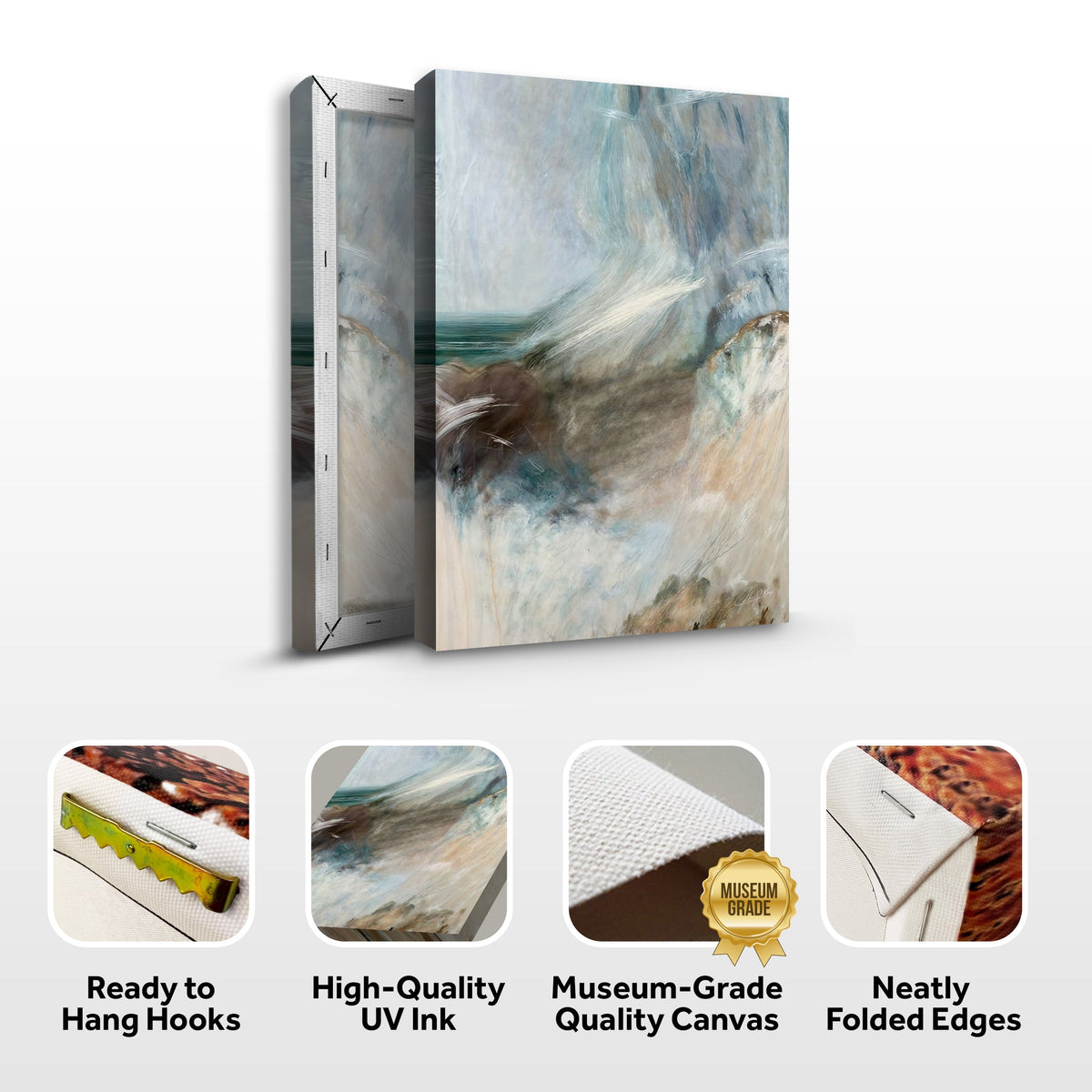 Teal sea abstract canvas front and side, with text: Ready to Hang Hooks, High-Quality UV Ink, Museum-Grade Quality Canvas, Neatly Folded Edges