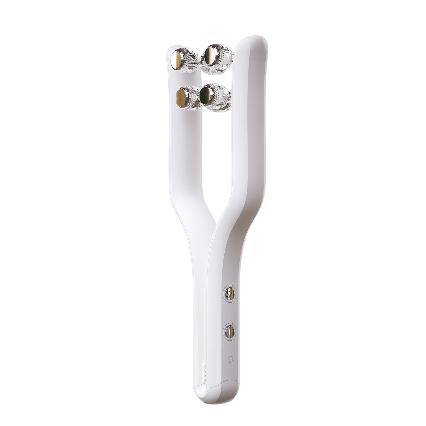 White microcurrent roller face massager with four metal massage heads and dual control buttons for facial sculpting