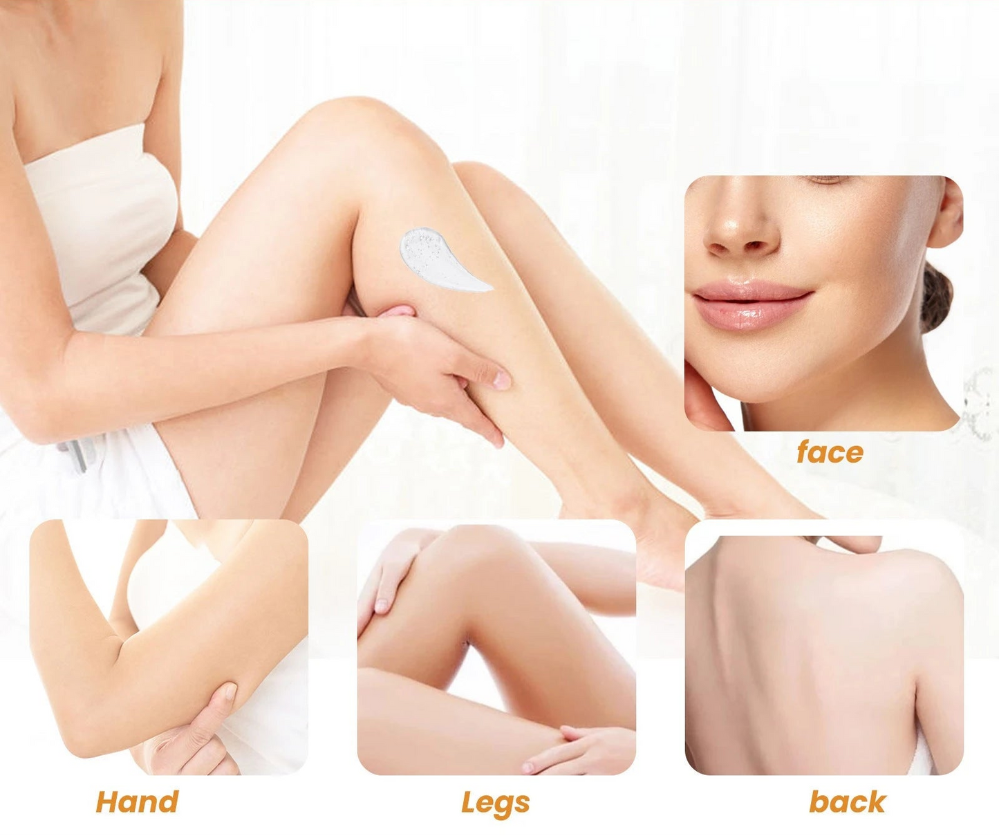 Woman applying exfoliating whitening gel showing dead skin removal on legs, face, hand and back