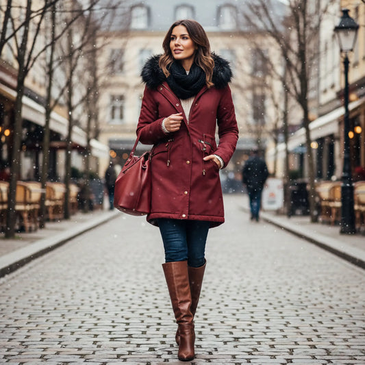 Woman in a red Casual winter parka with fur hood walking on a snowy street.