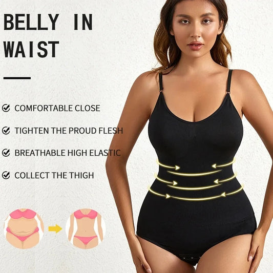 Woman wearing a black belly waist control shapewear garment with text highlighting features on a light gray background